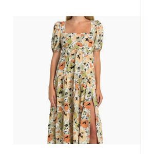 ASTR The Label | Square Neck Sage & Orange Floral Midi Dress w/ Pockets | Small